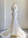 French Retro Fishtail Off-shoulder Lace Wedding Dress with Train HZ1022