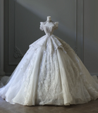 French Retro Lace Short Sleeve Princess Beaded Floor-Length Wedding Dress HZ1022