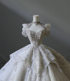 French Retro Lace Short Sleeve Princess Beaded Floor-Length Wedding Dress HZ1022