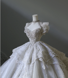 French Retro Lace Short Sleeve Princess Beaded Floor-Length Wedding Dress HZ1022