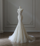 French Lace Strapless White Mermaid Wedding Dress HZ1022