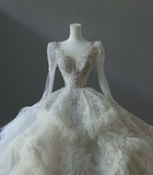 Vintage French Palace Round Neck Long Sleeve Sequined Floor-Length Wedding Dress HZ1022