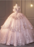 Dreamy Pink Off-the-shoulder Sparkling Beaded Layered Tulle Floor-length Wedding Dress HZ1022