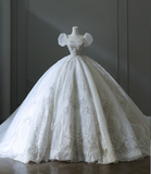 Dreamy Princess Puff Sleeve Round Neck Beaded Floor-Length Wedding Dress HZ1022
