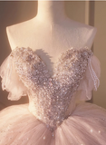 Dreamy Pink Off-the-shoulder Sparkling Beaded Layered Tulle Floor-length Wedding Dress HZ1022