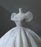 Dreamy Princess Puff Sleeve Round Neck Beaded Floor-Length Wedding Dress HZ1022