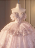 Dreamy Pink Off-the-shoulder Sparkling Beaded Layered Tulle Floor-length Wedding Dress HZ1022