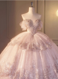 Dreamy Pink Off-the-shoulder Sparkling Beaded Layered Tulle Floor-length Wedding Dress HZ1022
