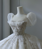 Dreamy Princess Puff Sleeve Round Neck Beaded Floor-Length Wedding Dress HZ1022