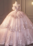 Dreamy Pink Off-the-shoulder Sparkling Beaded Layered Tulle Floor-length Wedding Dress HZ1022