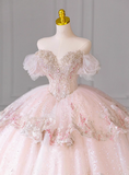 Princess one-shoulder pink French tulle beaded luxury floor-length wedding dress HZ1022