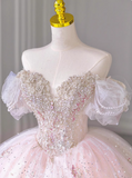 Princess one-shoulder pink French tulle beaded luxury floor-length wedding dress HZ1022