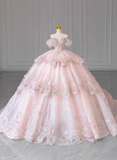 Princess one-shoulder pink French tulle beaded luxury floor-length wedding dress HZ1022