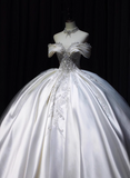 Retro Palace Style Off-shoulder Satin Beaded Floor-length Wedding Dress HZ1022