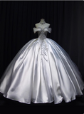 Elegant French Long Sleeve Satin Shiny Beaded Bow Floor-Length Wedding Dress HZ1022