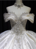 Retro Palace Style Off-shoulder Satin Beaded Floor-length Wedding Dress HZ1022