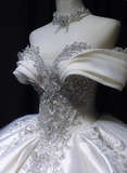 Elegant French Long Sleeve Satin Shiny Beaded Bow Floor-Length Wedding Dress HZ1022