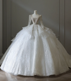 Elegant Square Neck Long Sleeve Beaded Tulle Floor Length Wedding Dress HZ1022