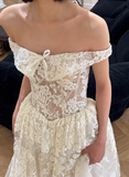French one-shoulder white lace floor-length wedding dress HZ1022