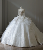 Elegant Square Neck Long Sleeve Beaded Tulle Floor Length Wedding Dress HZ1022