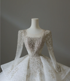 Elegant Square Neck Long Sleeve Beaded Tulle Floor Length Wedding Dress HZ1022