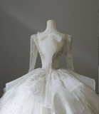Elegant Square Neck Long Sleeve Beaded Tulle Floor Length Wedding Dress HZ1022