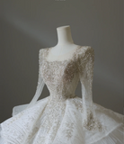 Elegant Square Neck Long Sleeve Beaded Tulle Floor Length Wedding Dress HZ1022
