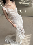 Elegant and flowing white lace camisole backless mermaid wedding dress with train HZ1022