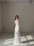 Elegant and flowing white lace camisole backless mermaid wedding dress with train HZ1022