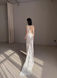 Elegant and flowing white lace camisole backless mermaid wedding dress with train HZ1022