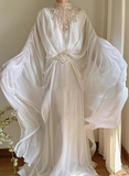 Elegant and flowing white lace chiffon high-neck wedding dress HZ1022