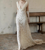 Sexy white deep V-neck lace sash mermaid wedding dress with train HZ1022