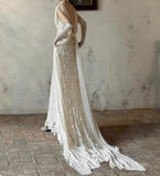 Sexy white deep V-neck lace sash mermaid wedding dress with train HZ1022