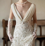 Sexy white deep V-neck lace sash mermaid wedding dress with train HZ1022