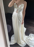 Designer French off-shoulder heart-shaped neckline white satin mermaid wedding gown with train HZ1022