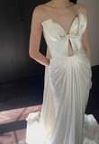 Designer French off-shoulder heart-shaped neckline white satin mermaid wedding gown with train HZ1022