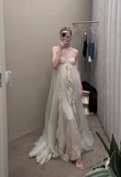 Off-white tulle camisole off-shoulder floor-length wedding dress HZ1022