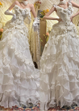 French heavy-duty dreamy princess off-shoulder A-line tiered wedding dress HZ1022