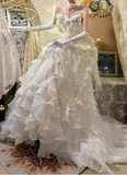 French heavy-duty dreamy princess off-shoulder A-line tiered wedding dress HZ1022