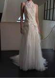 French elegant high-neck off-shoulder thin gauze with train wedding dress HZ1022
