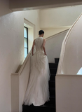 French elegant high-neck off-shoulder thin gauze with train wedding dress HZ1022