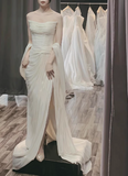 Simple strapless white elegant chiffon high slit wedding dress HZ1022