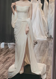Simple strapless white elegant chiffon high slit wedding dress HZ1022