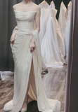 Simple strapless white elegant chiffon high slit wedding dress HZ1022