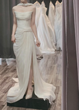 Simple strapless white elegant chiffon high slit wedding dress HZ1022