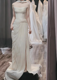 Simple strapless white elegant chiffon high slit wedding dress HZ1022