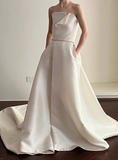 Elegant minimalist white off-shoulder satin floor-length wedding dress HZ1022