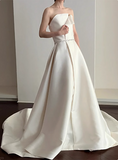 Elegant minimalist white off-shoulder satin floor-length wedding dress HZ1022