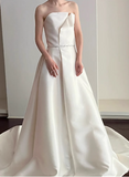 Elegant minimalist white off-shoulder satin floor-length wedding dress HZ1022