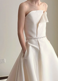 Elegant minimalist white off-shoulder satin floor-length wedding dress HZ1022